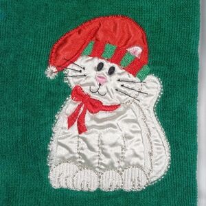 Vtg Set Of 2 Christmas Hand Dish Fingertip Towels Embroidered Cat In Santa Hat